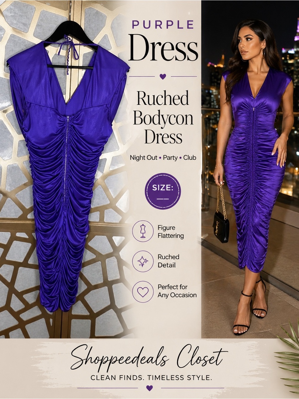 Dollar USA  Purple Ruched Bodycon Midi Dress Satin Night Out Party Dress